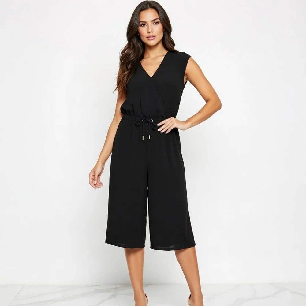 Eileen Fisher Women's Cropped Black Cap Sleeve Jumpsuit, Size L - Picture 1 of 7